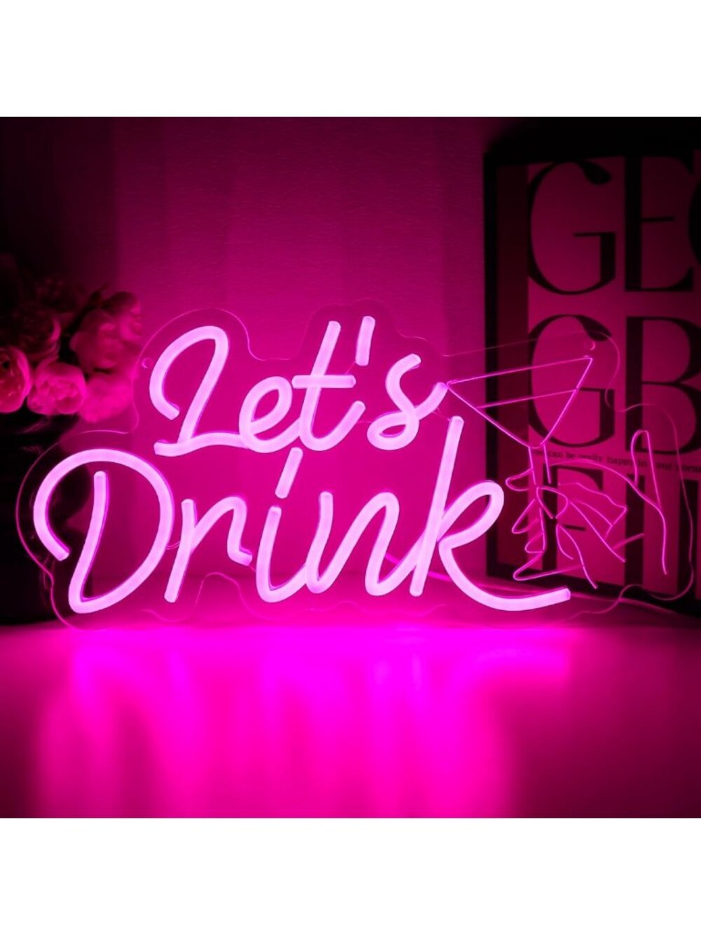 Neon "Let's Drink" Wall Sign - Pink LED Light for Home Bar, Pub, Party Decor